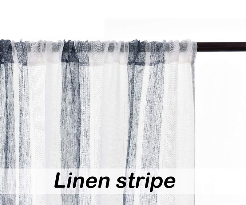 Central Park Navy and White Stripe Sheer Curtains Boucle Linen Farmhouse Rustic Window Curtain Panel Yarn Dyed Woven 95 Inches Long for Living Room Bedroom with Rod Pocket, 40" W x 95" L (Pack of 2) - Image 3